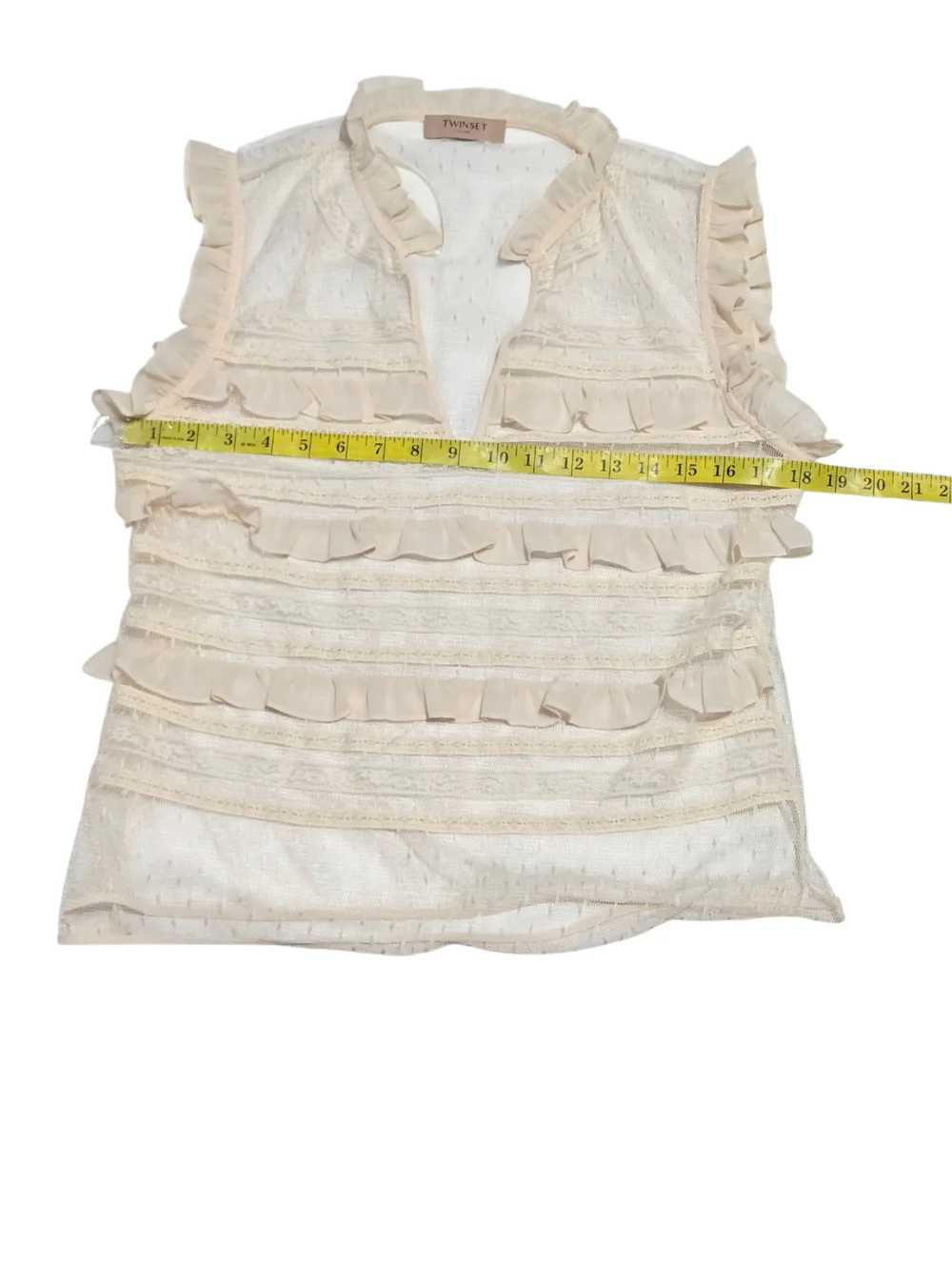 Twinset Milano Cream Lace Ruffle Blouse Sheer Swiss Dot Sleeveless  Top US Small - Picture 6 of 8